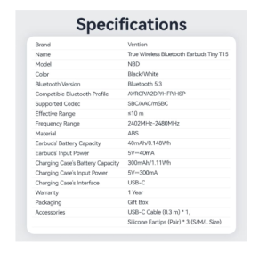 Ακουστικά Bluetooth 5.3 Vention Tiny T11 με θήκη φόρτισης - Διάρκεια μπαταρίας 7 ωρών - Μαύρο
