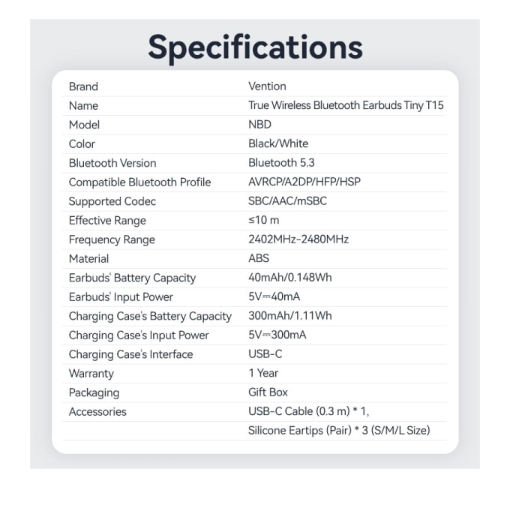 Ακουστικά Bluetooth 5.3 Vention Tiny T11 με θήκη φόρτισης - Διάρκεια μπαταρίας 7 ωρών - Μαύρο